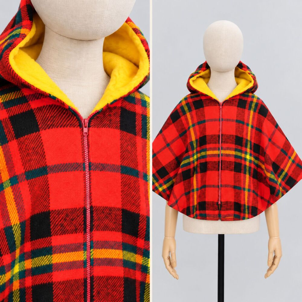 Vintage Red Plaid Hooded Cape One Size